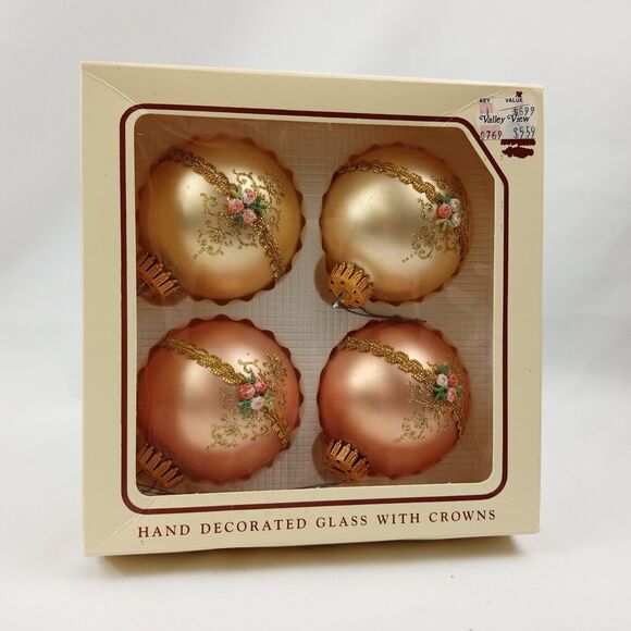 3 Box Vintage Glass Christmas Bell Round Ornaments Krebs Pink Gold Floral Ribbon - Picture 2 of 16